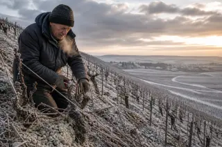 Vine grower pruning vines at winter dawn on a steep Champagne slope, with frosty ground and dramatic sky, highlighting manual vineyard work.