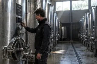 Winemaker checking temperature gauges on stainless steel fermentation tanks in a softly lit cellar, emphasizing technical control and craftsmanship during sparkling wine vinification.