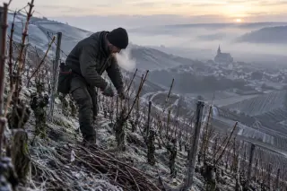 Vigneron taillant seul une vigne sur une pente escarpée, en hiver à l’aube, dans la Montagne de Reims sous une lumière naturelle froide.