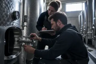 Deux viticulteurs contrôlent la fermentation près de cuves inox dans une cave champenoise.